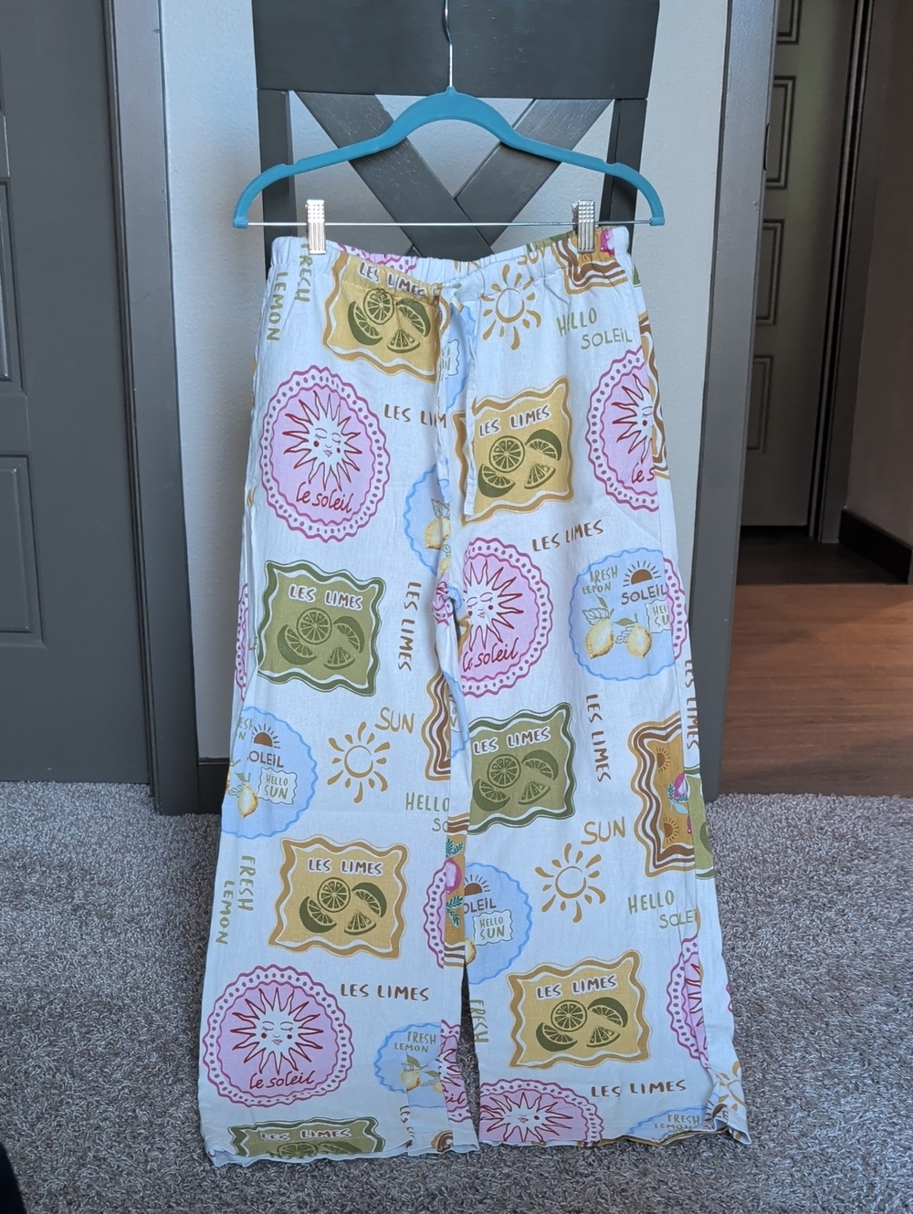 Wide-Leg Lounge Pants in White with Yellow, Pink, Green & Blue Print Size 8